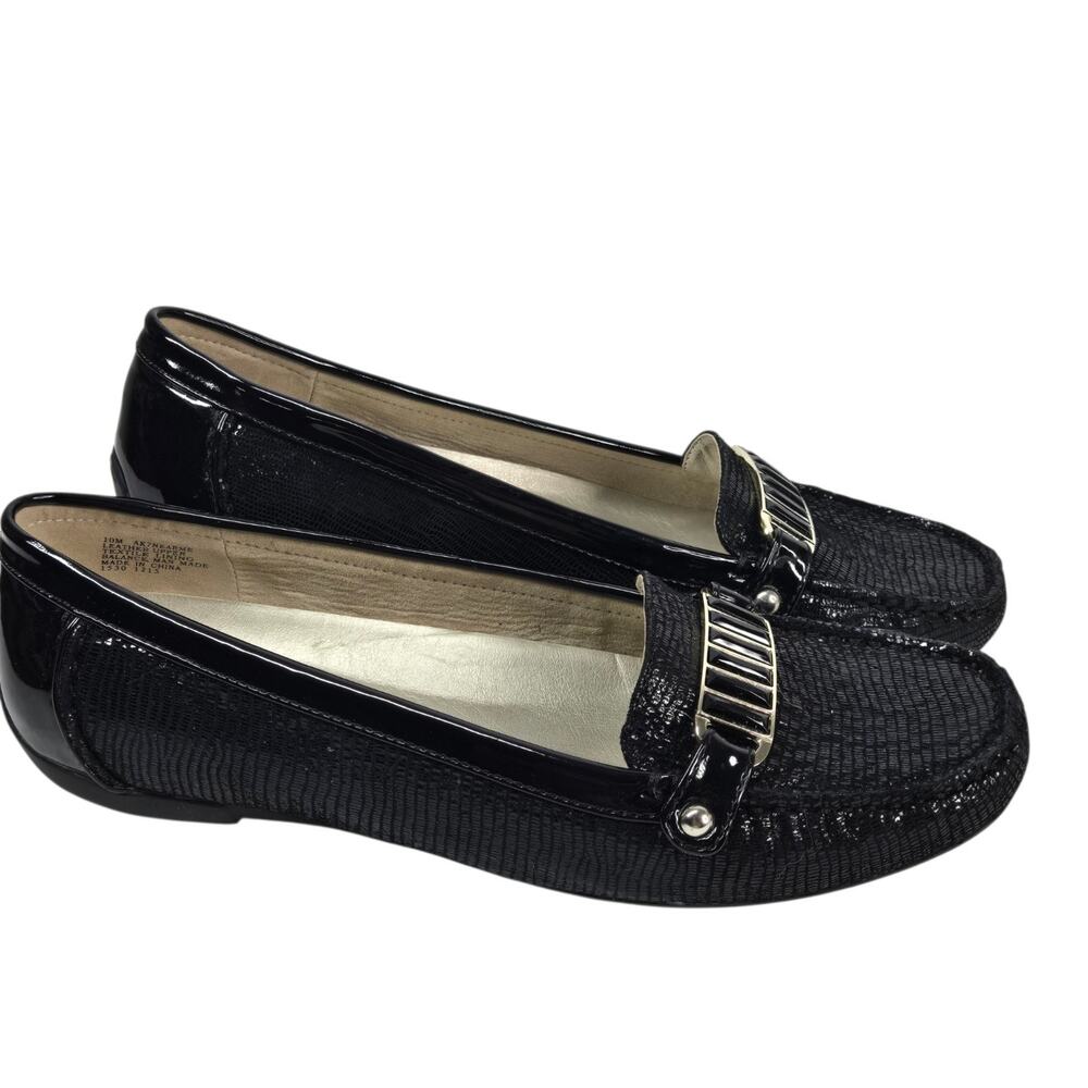 Anne Klein Iflex Moccasin Shiny Loafers Womens Sz 10M Black Flat Comfort Shoes
